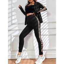 Kadın Uzun Kollu Kapşonlu Fermuarlı Bağcıklı Viskon Iki Iplik Bluz Ve Pantolon Tayt Siyah