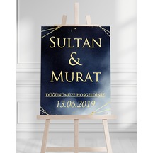 Söz Nişan Düğün İçin 50x70 Karşılama Panosu - Mavi Desenli Beyaz