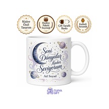 Seni Her Şeyden Çok Seviyorum Dünyalar Kadar Aşk Gök Cisimleri Kupa Bardak Hediye Beyaz / Çok Renkli