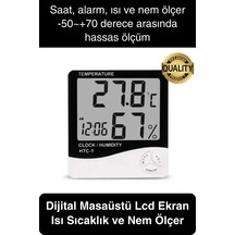 Premium Dijital Masaüstü Lcd Ekran Isı Sıcaklık Ve Nem Ölçer Termometre Saat Alarm Pilli Beyaz
