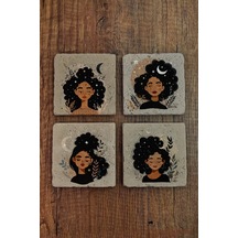 Doğal Taş Bardak Altlığı Ayçiçeği Kadınları Temalı 10x10cm- Stone Coasters Çok Renkli