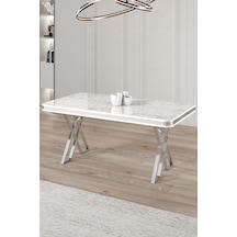 Canisa Vals Serisi 80x130 Lak Panel Sabit Masa Beyaz Mermer Desen Krom Ayaklı Masa Beyaz Mermer Desen Ayaklar Krom