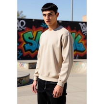 Benerly Erkek Bisiklet Yaka Standart Kol Oversize Waffle Dokuma Sweatshir Camel