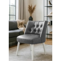 Waterybrook Berjer Sandalye - Kapitoneli Suni Deri - Beyaz Ahşap Ayaklı - Retro Modern Tasarım Gri