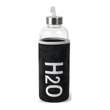 Peluş Kılıflı Cam Matara 600 Ml, Siyah H2o Nakışlı Kılıf, Taşıma Askılı Metal Görünümlü Vidalı Kapak, 8 24 Cm Şeffaf