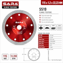 Sara S519 115 Mm Turbo Hassas Mermer Kesme Diski Elmas Uçlu, 1,2 22,23 Mm, Maksimum 13.200 Rpm