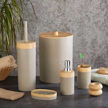 5 Parça Lüx Bambu Görünümlü Banyo Seti 10 Litre Çöp Kovası Ve Antibakteriyel Tuvalet Fırçası Krem Diğer
