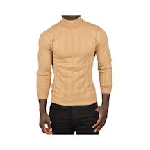 Deepsea Erkek Camel Slim Fit Likralı Tam Balıkçı Yaka Çizgili Boğazlı Kazak 2505504 Camel