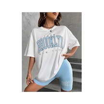 Tarzsokak Kadın Beyaz Mavi Brooklyn Bisiklet Yaka Tshirt