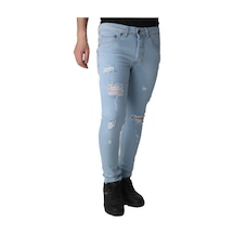 Erkek Lazer Işlmli Kot Giyimaçık Mavi Denim Pantolon Açık Mavi