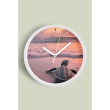 Deniz Kaplumbağası Deniz Manzaralı Modern Duvar Saati - 35cm - Önü Camlı Beyaz Kasa Beyaz