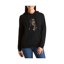 Tiger Portrait Baskılı Siyah Kadın Kapşonlu Sweashirt