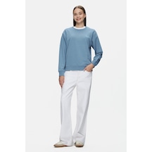 Ucla Sunnıva Mavi Bisiklet Yaka Nakışlı Loose Fit Kadın Sweatshirt Mavi