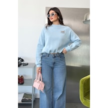 Jee Lee Kadın Bisiklet Yaka Leopar Nakışlı Sweatshirt Mavi - 27k 2712