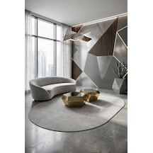 Geometrik Abstract Desenli Prato İpeksi Lüks Viskon Oval Halı Pr04 Gri Krem-bej