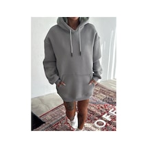 Kadın Kapüşonlu Kanguru Cepli 3 İplik Pamuklu Oversize Hoodie Sweatshirt - Boyalı Gri