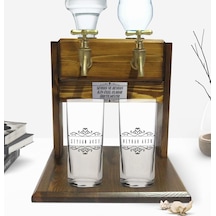 Kişiye Özel Renkli Baskılı İsimli İkili Rakı Bardağı Ve Çift Musluklu Doğal Ahşap Rakı Standı-9