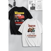 Unisex Cars Şimşek Mcqueen Ve Mater Ön Baskılı Arkadaş Çift Kombini Tasarım Oversize T-shirt 2li Siyah Beyaz Mck0523 Siyah Beyaz
