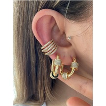 Pinery Jewels Silindir Taşlı Oval Halka Altın Kaplama Kadın Küpe Çifti Altın