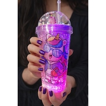 Renkli Boncuklu Sevimli Unicorn Tasarımlı 450 Ml Led Işıklı Pipetli İçecek Bardağı Suluk Mor 2646