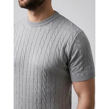 Erkek Yazlık Triko Dokuma Tişört Kısa Kol Bisiklet Yaka Örgü Desenli T-shirt - Gri
