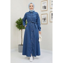 Hb Harma Time Butik Kadın Düğmeli Kuşaklı Koyu Kot Mavi Tesettür Elbise Koyu Mavi