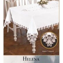 Helena Model Krem Keten Tek Masa Örtüsü 155x260 Cm Dantelli Yemek Masası
