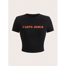 Noıssey İsa'yı Seviyorum Mektup Baskı Mahsul T-shirt Seksi Yaz Kadın Kısa Kollu Rahat Nefes Yumuşak S Siyah