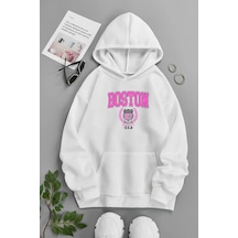 Unisex Beyaz Kapüşonlu Sweatshirt Boston Usa ,baskılı Şardonlu Kalın Kumaş Beyaz