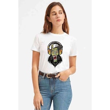 Dj Zombie Skull Baskılı Beyaz Kadın Tshirt