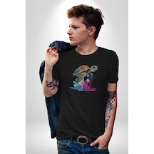 Renkli Kaplumbağa Karetta Kareta Unisex Unisex Siyah Organik Baskılı T-shirt Penye Yüksek Kalite Siyah