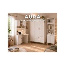 Aura Genç Odası - 3'lü Genç Odası Takımı - 3 Kapılı Dolap - Çalışma Masası - Kitaplık Beyaz
