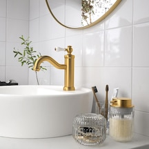 3 Lü Banyo Sabunluk Seti Sılvtjärn Gold Renk-cam Meridyendukkan Sıvı Sabunluk-diş Fırçalık-cam Kutu Altın - Şeffaf