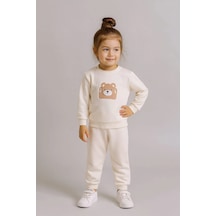 Sevimli Ayıcık Nakışlı %100 Pamuk 2 Li Çocuk Eşofman Takımı BEYAZ