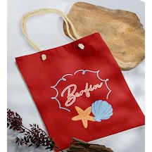 Bk Gift Kişiye Özel Yaz Temalı İsimli Kırmızı Halat Saplı Kumaş Plaj Çantası -3, Baskılı Omuz Çantası, Alışveriş Çantası, Arkadaşa Hediye, Sevgiliye H Haki