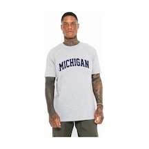 Unisex Gri Oversize Mıchgan Baskılı T-shirt Gri-66397