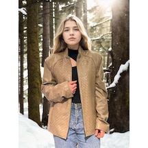 Ertaştrendstore Kadın Premium Doğal Fileli Deri Ceket - Krem Çok Renk