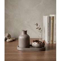 ZEN Set El Yapımı Minimalist Çizgili Vazo + Lotus Mumluk + Tepsi 3'lü Dekor Seti