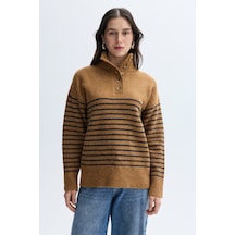 Mudo Kadın Kadın Kahverengi Çizgili Loose Fit Düğmeli Balıkçı Yaka Kazak 1264234 CAMEL