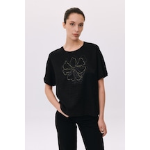 Daido Kadın Yuvarlak Yaka Kısa Kollu Desenli T-shirt 6217 Siyah
