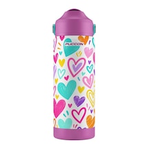 Puccon 540 Ml Renkli Kalpler Desenli Beyaz - Mor Kız Çocuk Pipetli Çelik Termos Matara/suluk - 60063