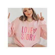Magors Stıl-x Sevgililer Gününe Özel Love Story Baskılı, Pamuklu, Bisiklet Yaka, Unısex Sweatshırt Pembe