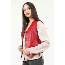 Dericlub Vittoria Kadın Düğmeli Slim Fit Hakiki Deri Yelek B.kırmızı