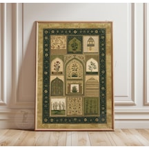 Farsça Botanik Panel Poster Yeşil İslami Duvar Sanatı Vintage Çiçekli Mimari İllüstrasyon