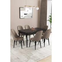 Familieconcept Almira Serisi, Siyah Mermer Desen 80x132 Açılabilir Mdf Mutfak Masası Takımı 6 Adet Sandalye Cappucino