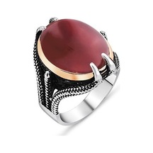 Gümüş Kartal Pençeli Kırmızı Akik Taşlı Erkek Yüzük Beyaz