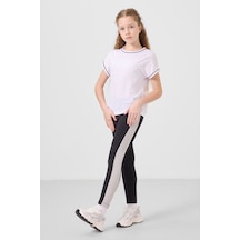 Tommylife Beyaz-siyah O Yaka Yan Şerit Detaylı Standart Fit Performans Kız Çocuk Tayt Takım - 75191 Beyaz - Siyah
