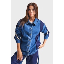 Kadın Kot Rengi 1w5-5 Oversize Parçalı Kumaş Özel Tasarım Denim Ceket