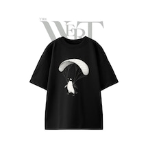 Thewert Penguin Parachute Tasarım Baskılı Ünisex Siyah Oversize T-shirt