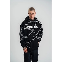 Erkek Kapüşonlu Varak Ve Pano Baskılı Hoodie Sweatshirt- Siyah
